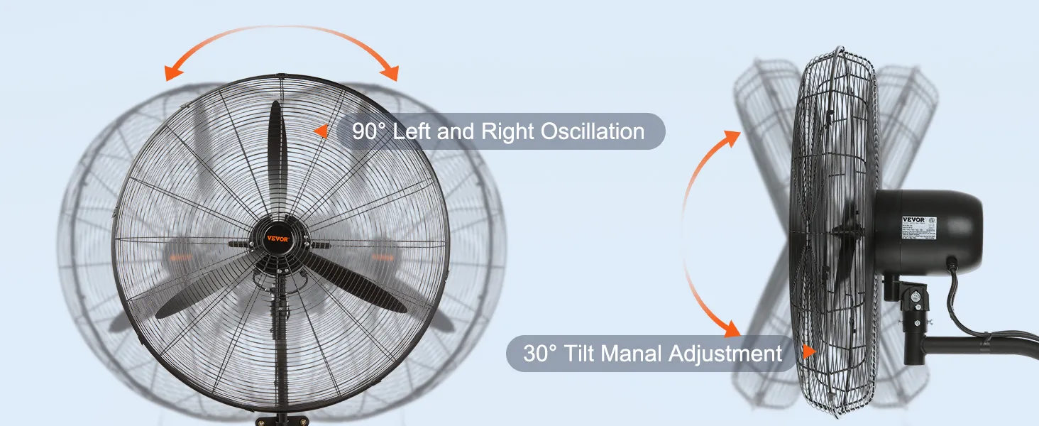 VEVOR wall-mount misting fan with 90&deg; oscillation and 30&deg; tilt for cooling versatility.
