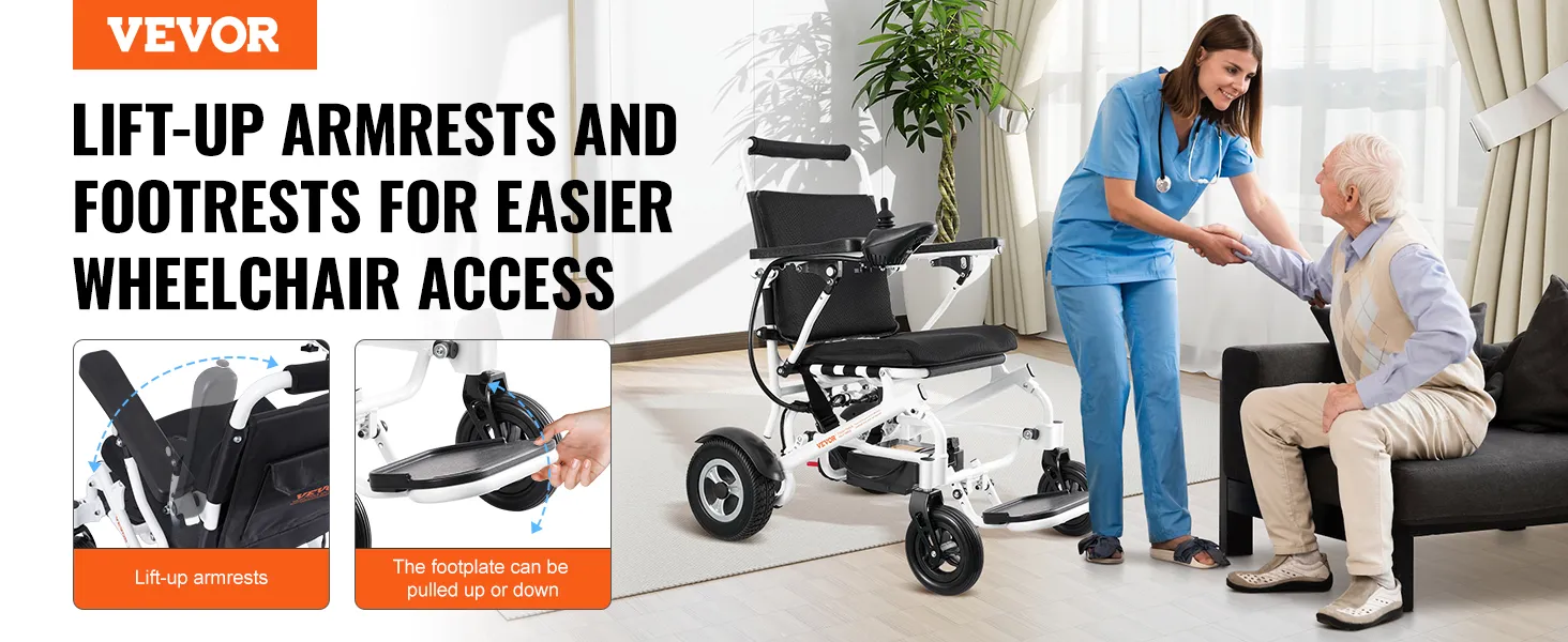 VEVOR electric wheelchair with lift-up armrests and footrests for improved accessibility.