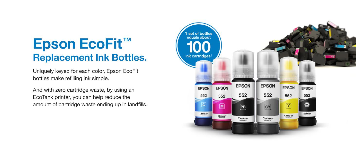 Epson EcoFit ink bottles. Uniquely keyed for each color, EcoFit bottles make refilling ink simple.