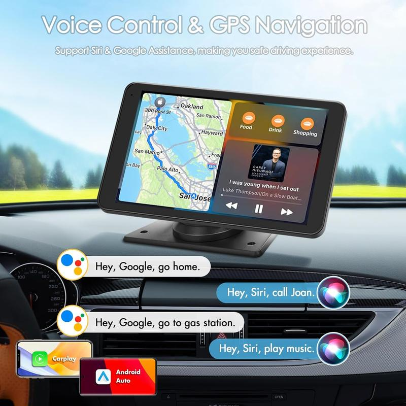 PASLDA 7" Portable Wireless Carplay Screen for Car | Plug & Play Android Auto Car Stereo with Waterproof Backup Camera