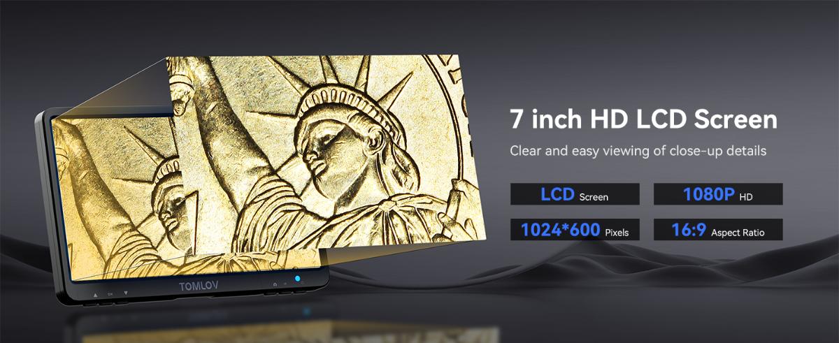 TOMLOV DM9 7" LCD Digital Microscope 1200X 1080P Coin Microscope Magnifier, 12MP Ultra-Precise Focusing Soldering Microscope for Adult, PC View, 32GB