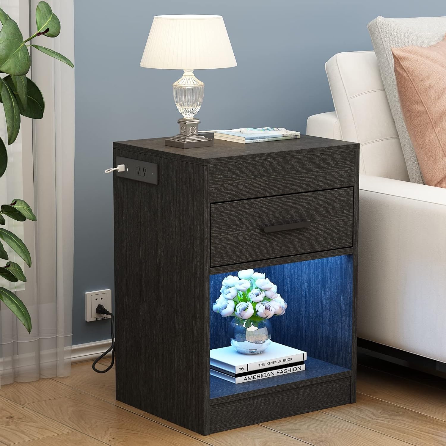 【Price Slash】Auromie Nightstand , Concealment Furniture with RFID Lock Cabinet and Power Outlets, Bedside Table with Hidden Compartment for Valuables Storage