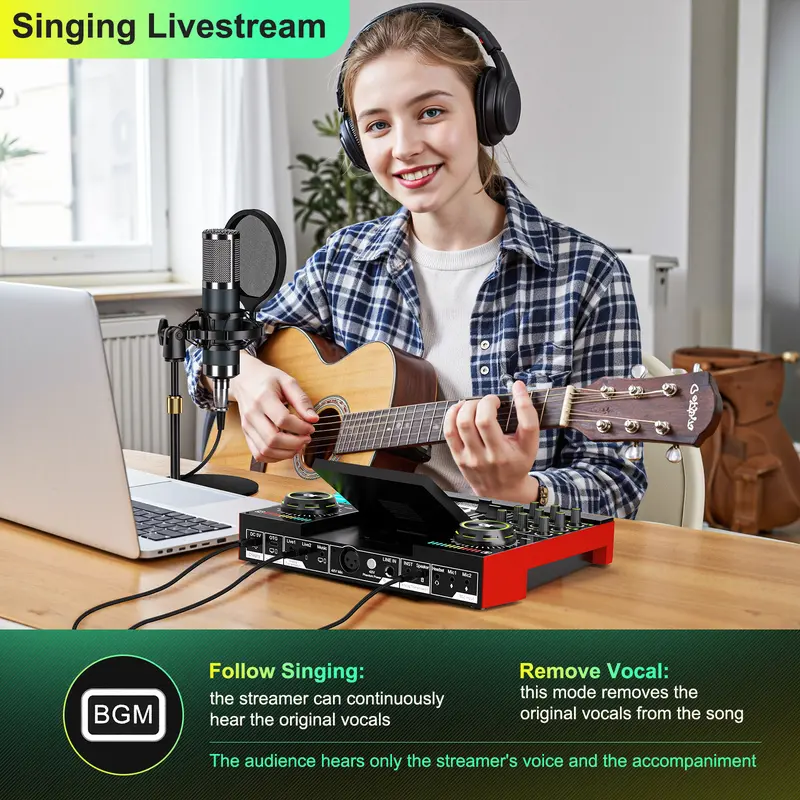 Tenlamp G10-P15 Sound Card Bundle (includes condenser microphone) – a professional audio mixer featuring voice changing and noise reduction; suitable for livestreaming, podcasting, and gaming.