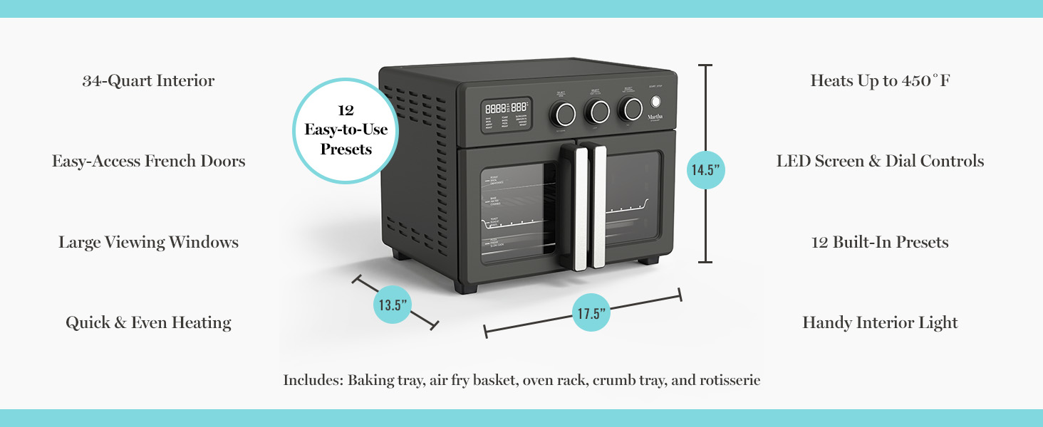 💥Special Offers  Martha Stewart French Door Air Fryer Toaster Oven Combo, 34QT Countertop Convection, 12-in-1, Bake, Broil, Roast, Fits 12” Pizza, Dehydrate, 5 Accessories, Air Fry Basket, Stainless Steel, Caviar Gray From the manufacturer