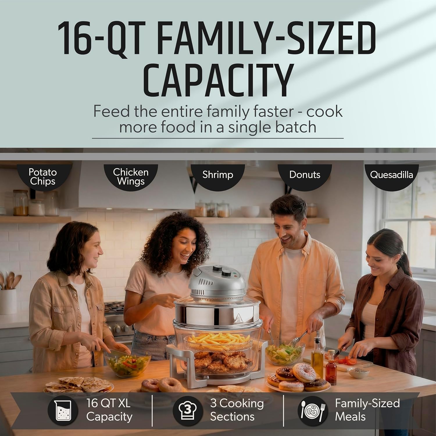 🔥Last Day 49% OFF🔥🍟Granitestone 16QT Large Glass Air Fryer Oven – Non-Toxic, 3 Cooking Zones, Self-Cleaning