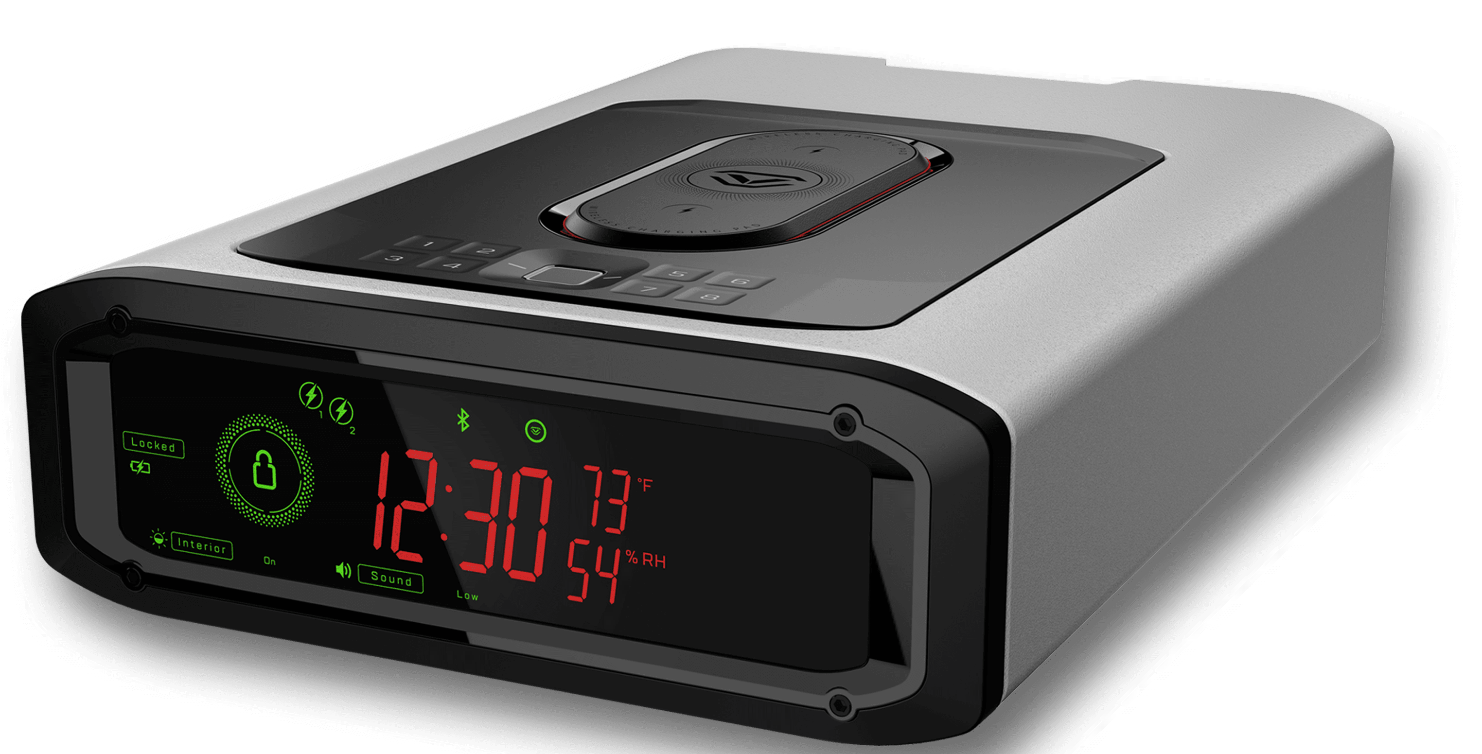 A sleek, modern device with a digital display showing time, temperature, and humidity, featuring control buttons on top.