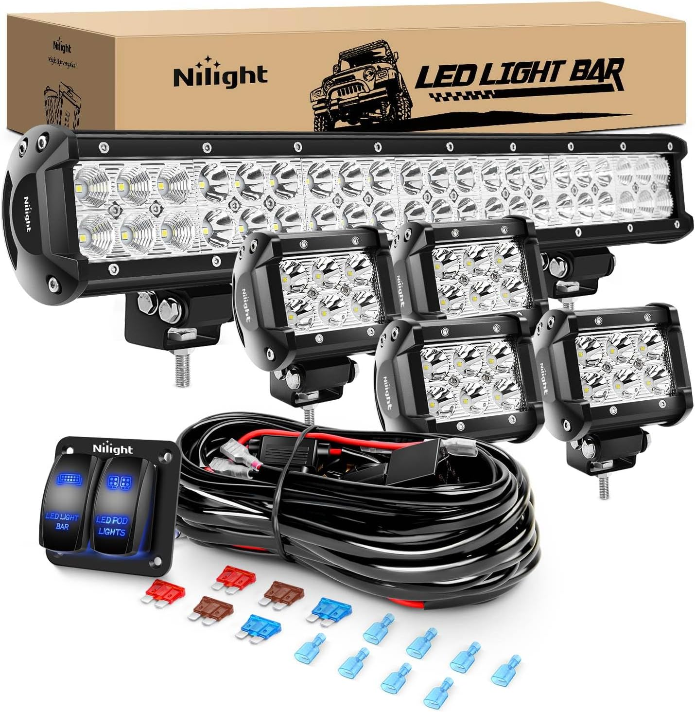 🚀MEGA SALE💡Nilight 20Inch 126W Spot Flood Combo LED Light Bar & 18w Pods Multi-Style Kit for Offroad SUV, ATV & Boat 🚙