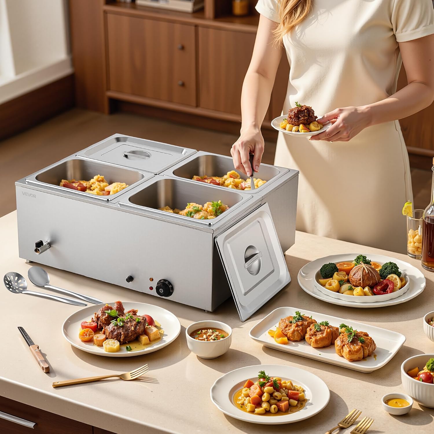 1500W Electric Stainless Steel Steam Food Warmer with Lid