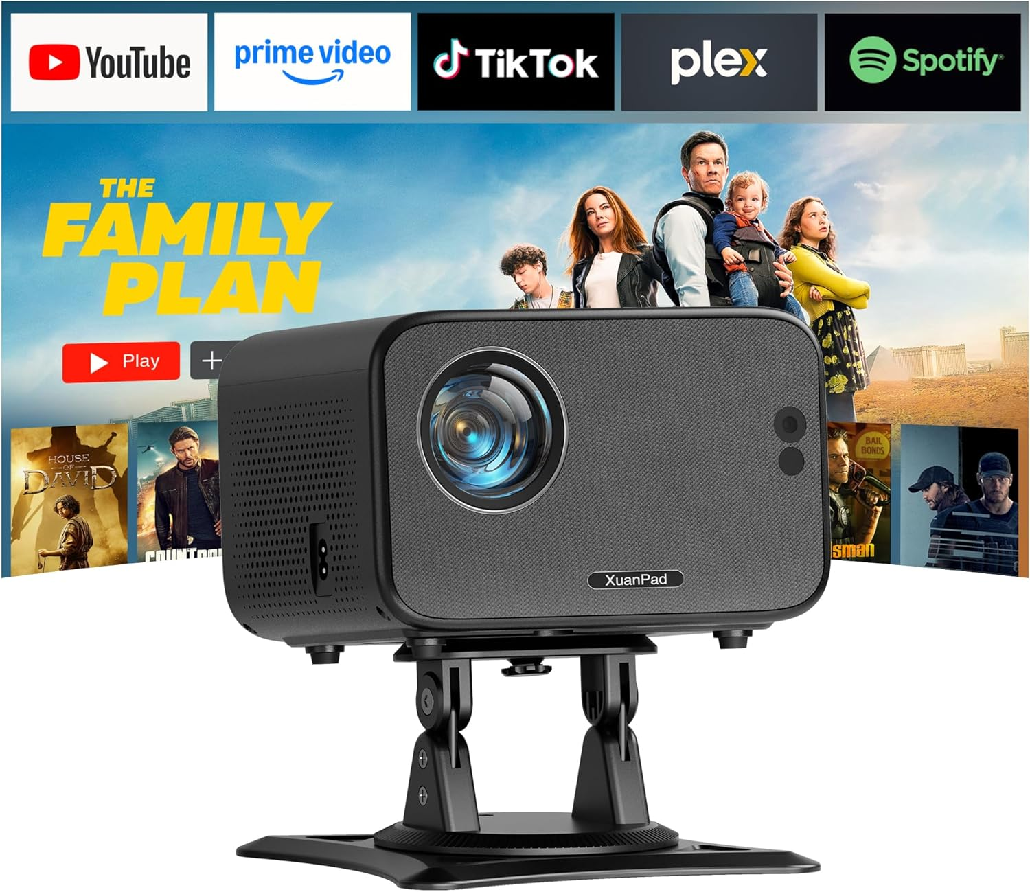 ⚽World Cup Deal！XuanPad Smart Mini Projector, 4K Supported Outdoor Movie Projector with 360° Stand for Live Football Watch Party