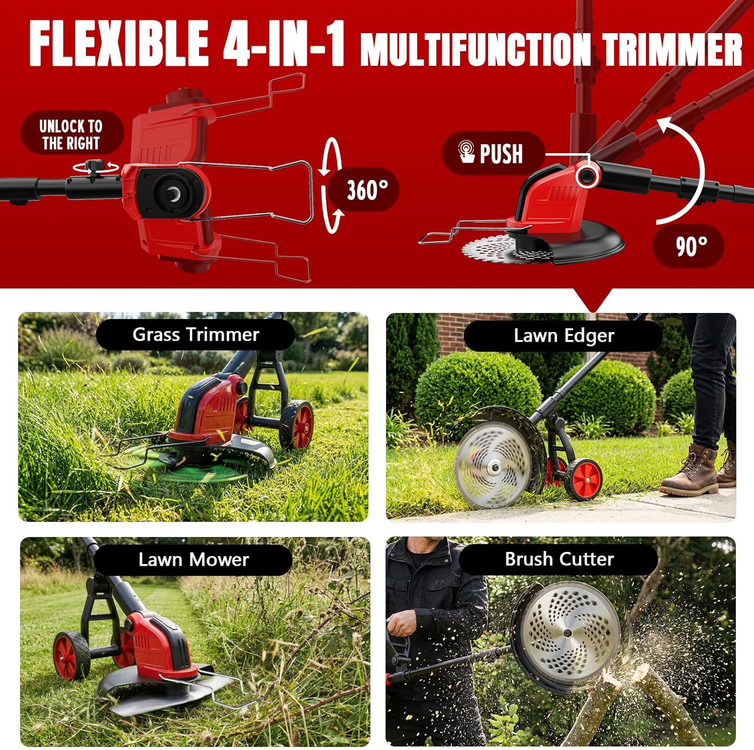 20000RPM Electric Weed Wacker Cordless with Wheel, 6000mAh Electric Weed Eater Battery Powered,4-in-1 Brush Cutter/String Trimmer/Grass Trimmer/Edger Tool,Stringless Weed Trimmer Metal Blade,2 Battery
