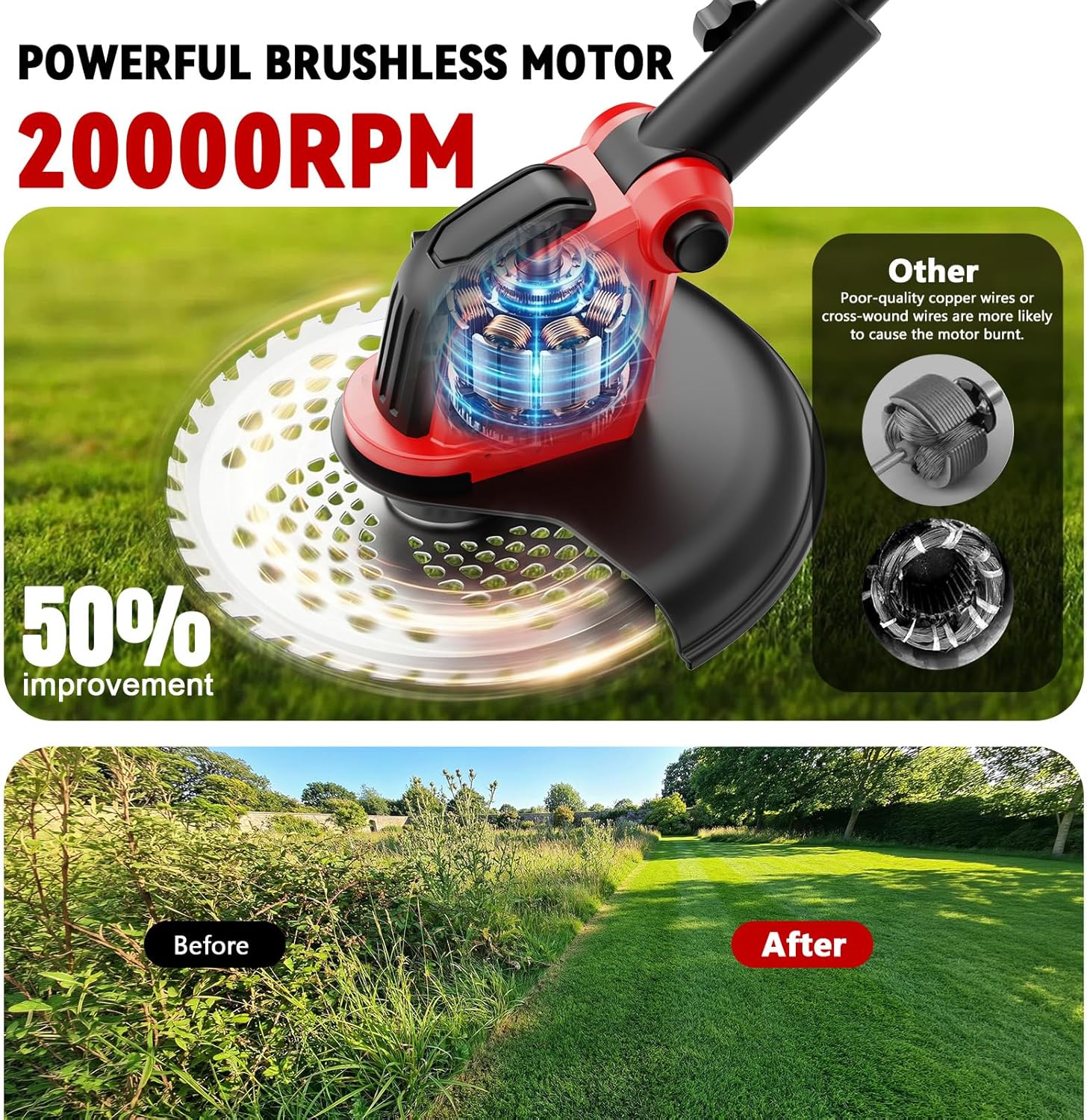 20000RPM Electric Weed Wacker Cordless with Wheel, 6000mAh Electric Weed Eater Battery Powered,4-in-1 Brush Cutter/String Trimmer/Grass Trimmer/Edger Tool,Stringless Weed Trimmer Metal Blade,2 Battery
