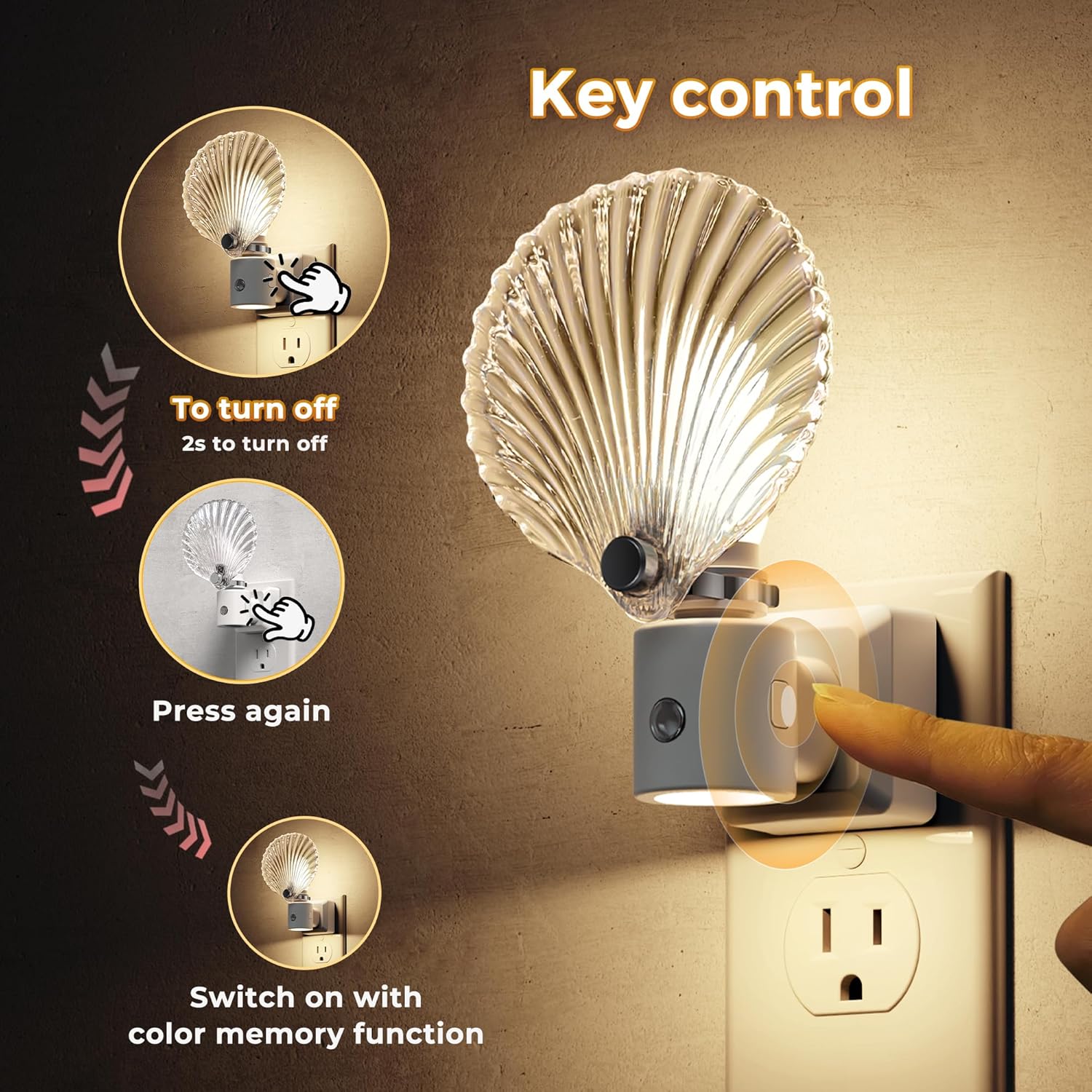 [2 Pack] Night Lights Plug into Wall, Shell Style Glass Nightlight Rotating