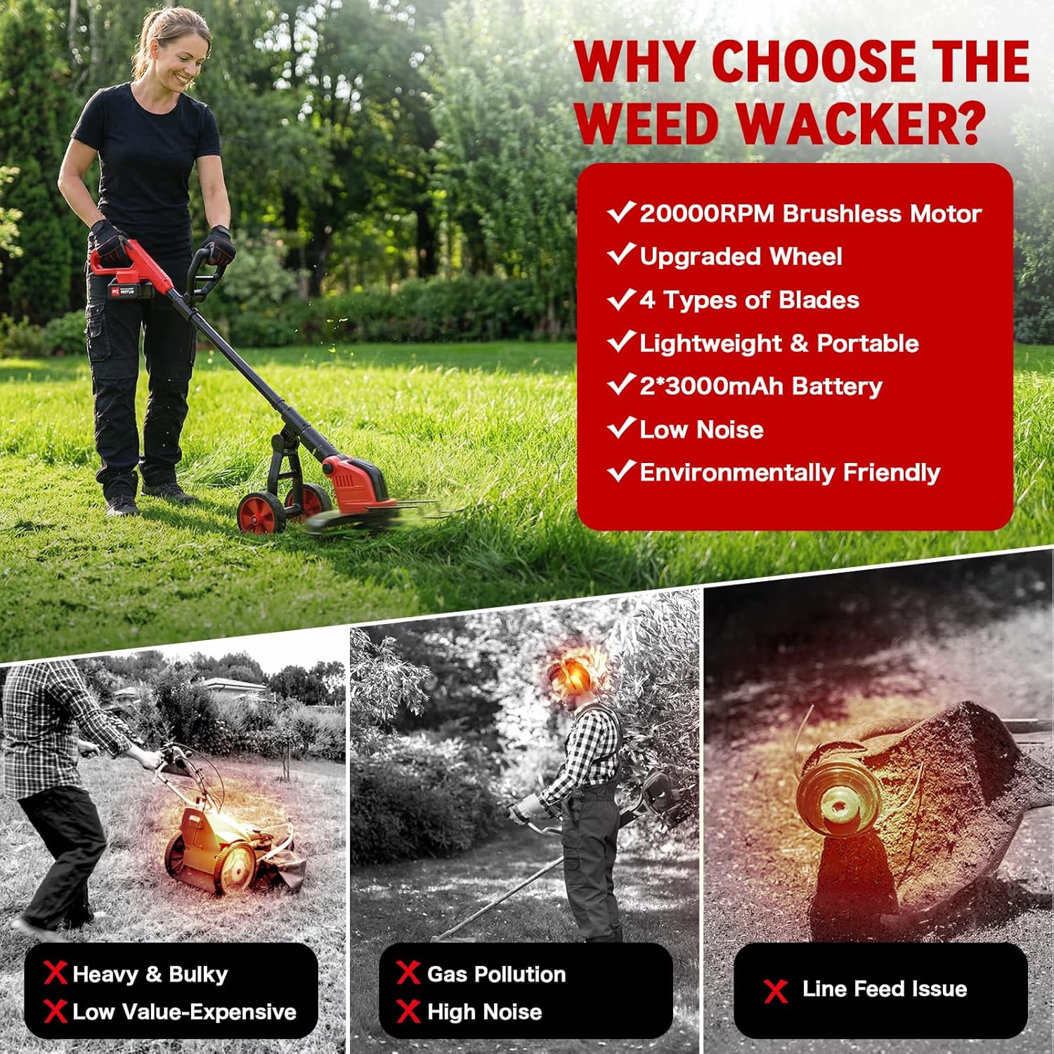 20000RPM Electric Weed Wacker Cordless with Wheel, 6000mAh Electric Weed Eater Battery Powered,4-in-1 Brush Cutter/String Trimmer/Grass Trimmer/Edger Tool,Stringless Weed Trimmer Metal Blade,2 Battery