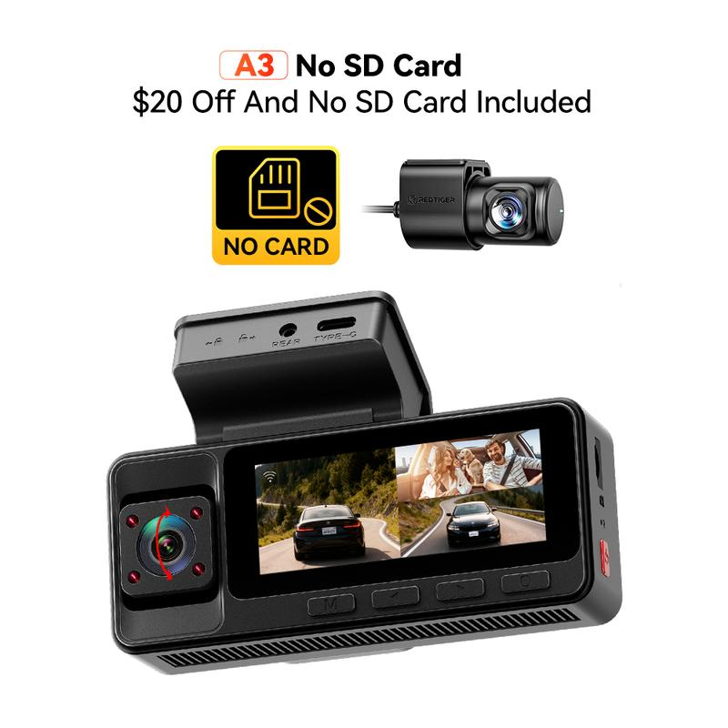 REDTIGER A3 3 Channel Dash Cam Front Rear and Inside, 2.5K+1080P Triple Car Camera with WiFi, 32GB Card, IR Night Vision & 24H Parking Mode