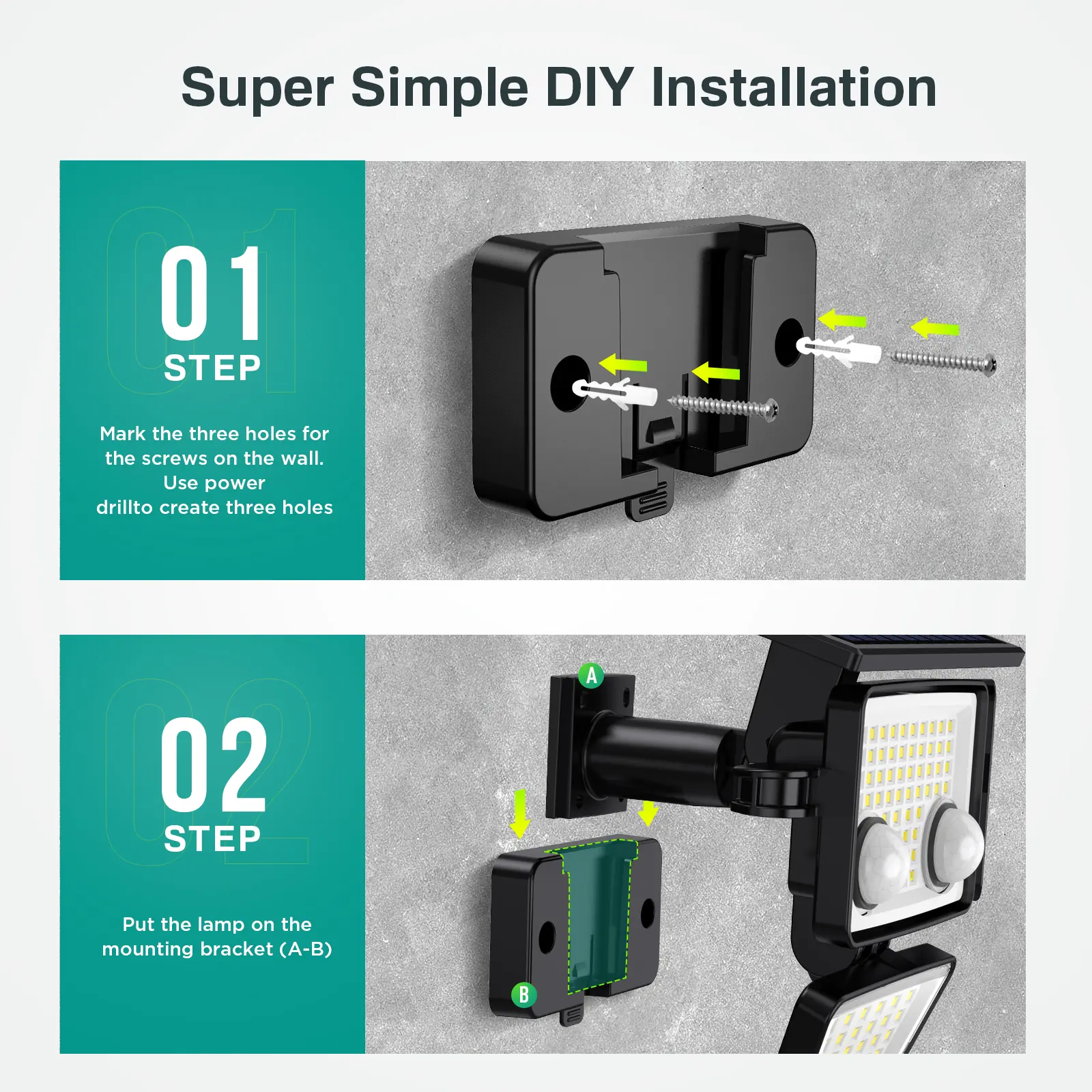 Solar Motion Sensor Lights-4 Heads 3000LM, IP65 Waterproof, 270°Wide Angle Lighting Security Light for Yard, Garage, Porch, Pool,Garden,Barn,Patio