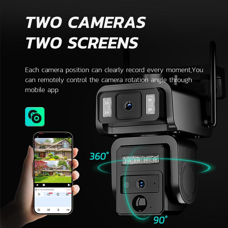 Dual-Lens Solar Security Camera Outdoor, 1080P Wireless WiFi CCTV with Auto Tracking, Color Night Vision, PIR Motion Detection & 2-Way Audio