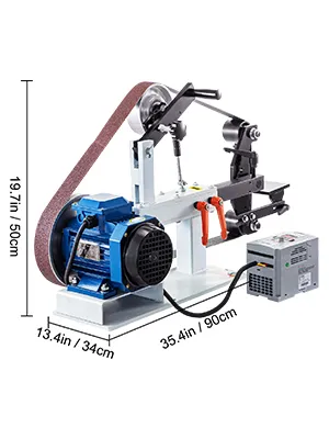 VEVOR belt sander with dimensions: 35.4 in x 13.4 in x 19.7 in.