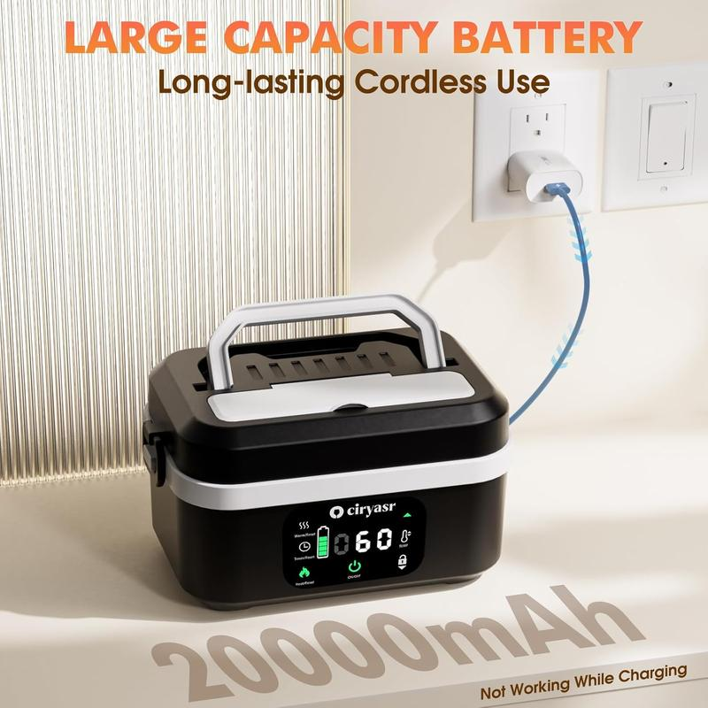 Cordless Electric Lunch Box with 20000mAh Battery, Fast Self-Heating Portable Food Warmer, Stainless Steel Bento Box with Insulated Bag for Work, Office, Car, Travel & Camping