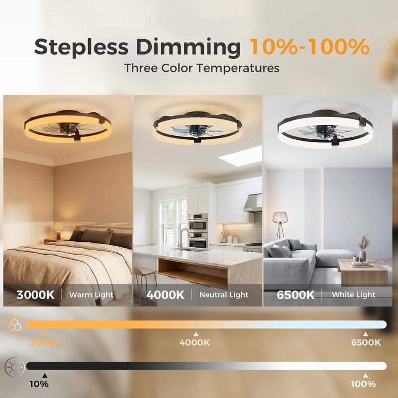 Modern Low Profile Ceiling Fan with Light | Smart Bladeless Flush Mount Fandelier with Remote & App Control