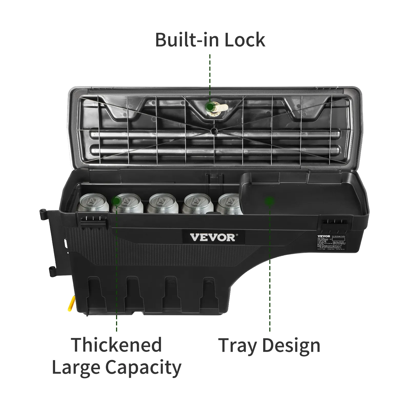 VEVOR truck bed storage box with built-in lock, thickened large capacity, and tray design for cans.