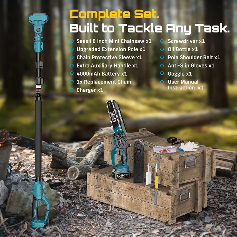 【Spotlight Day】SEESII 2 in 1 Cordless Pole Saw & Mini Chainsaw with 2 Batteries, Power Electric Polesaw for Tree Trimming, Chain Saw with Extension Pole, 16ft Reach, Limb Branch Cutter Pruner P8 Ace/P6 Ace CH800