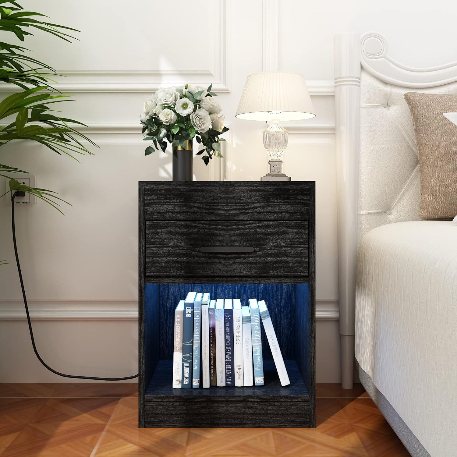 【Price Slash】Auromie Nightstand , Concealment Furniture with RFID Lock Cabinet and Power Outlets, Bedside Table with Hidden Compartment for Valuables Storage