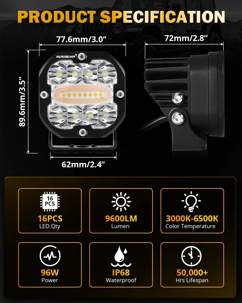 AUXBEAM LED Pods Light Offroad Driving Work Lights, X-PRO 3" 96W 6 Modes Dual Color Spot Flood Combo or V-ULTRA 5" 172W Side Shooter with Amber DRL, IP68 Waterproof for Trucks Jeep, 2PCS
