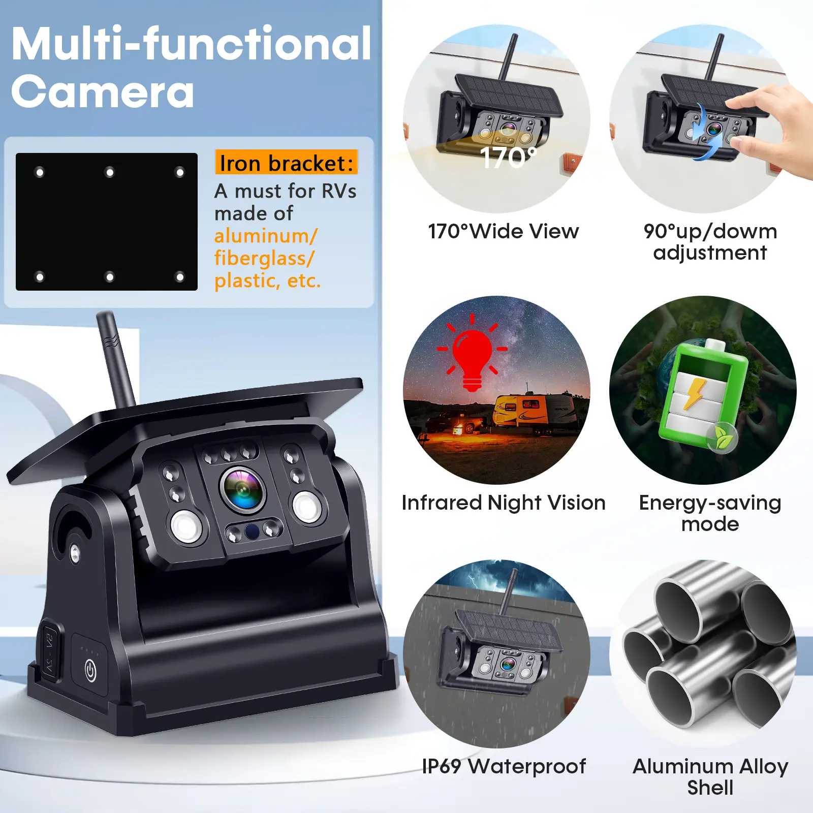 Dual RV Wireless Backup Camera for Trailer,Solar RV Rear View Camera with 7-inch Recording Monitor
