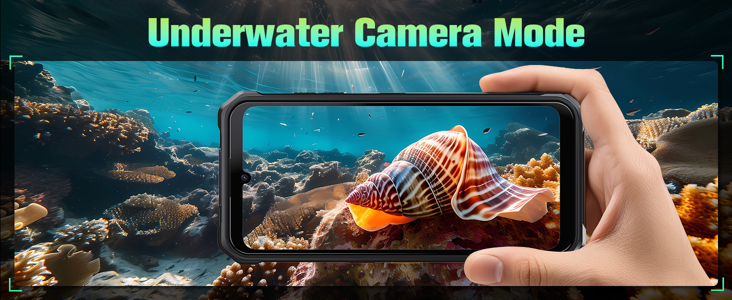 Text reads 'Underwater Camera Mode'. Series of underwater photographs showing marine life and coral reefs in vibrant blue waters.