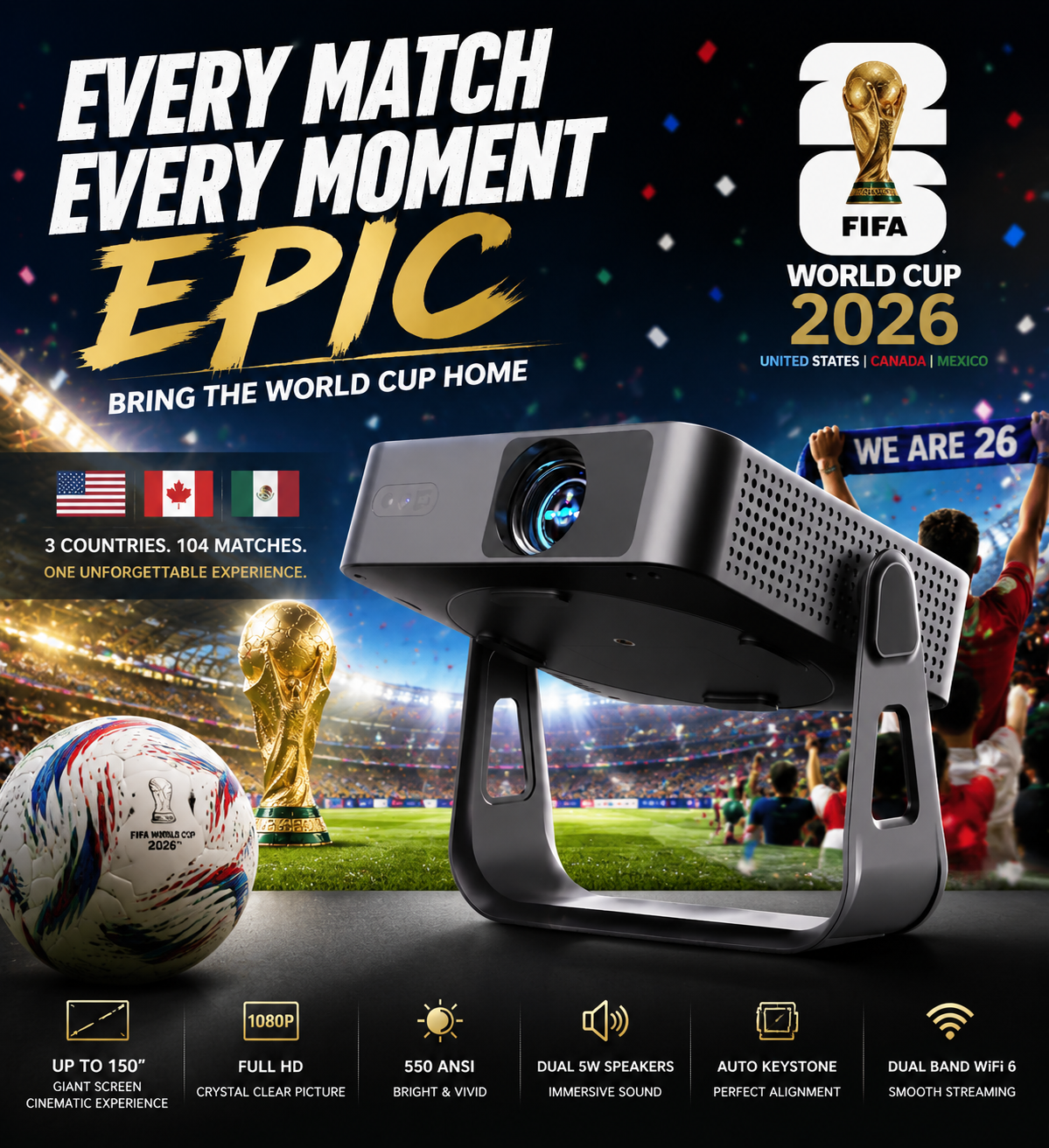 ⚽World Cup Deal！XuanPad Smart Mini Projector, 4K Supported Outdoor Movie Projector with 360° Stand for Live Football Watch Party