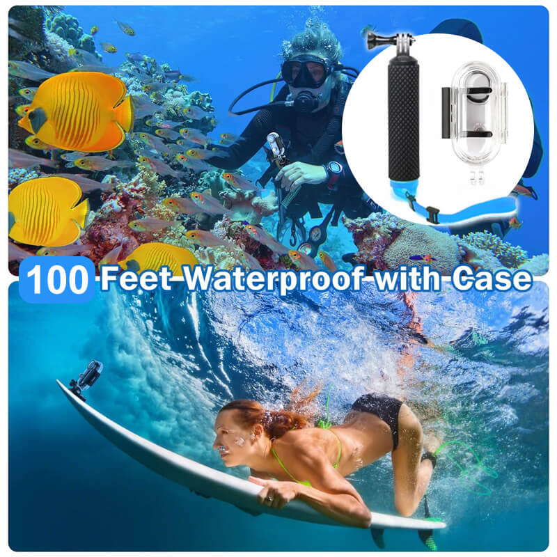 This mini camera includes a waterproof case, you can take the camera underwater up to 100 feet (30 meters), making it ideal for diving, snorkeling, and surfing.