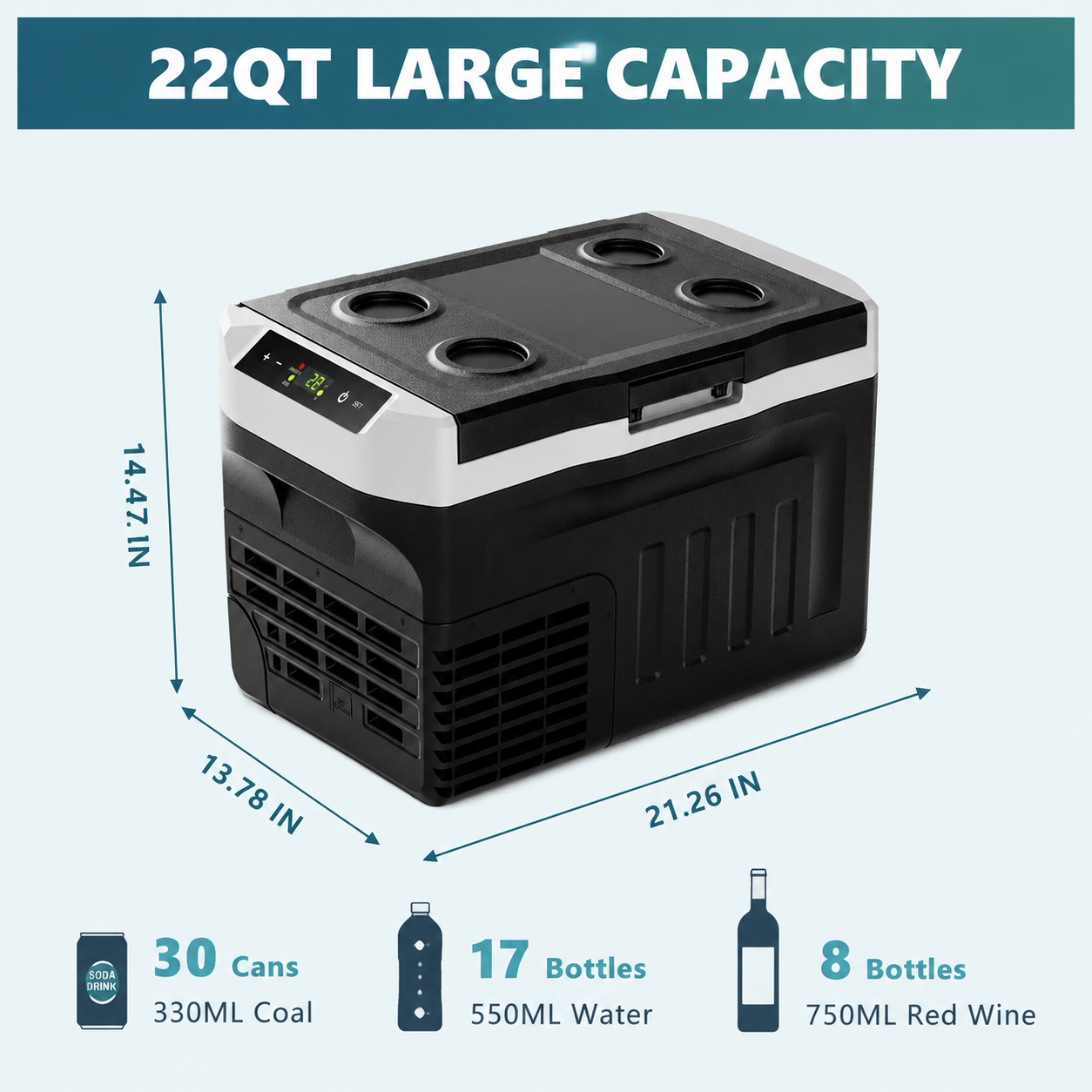 Euhomy 22QT 12V Portable Car Refrigerator with Digital Control & Cup Holders