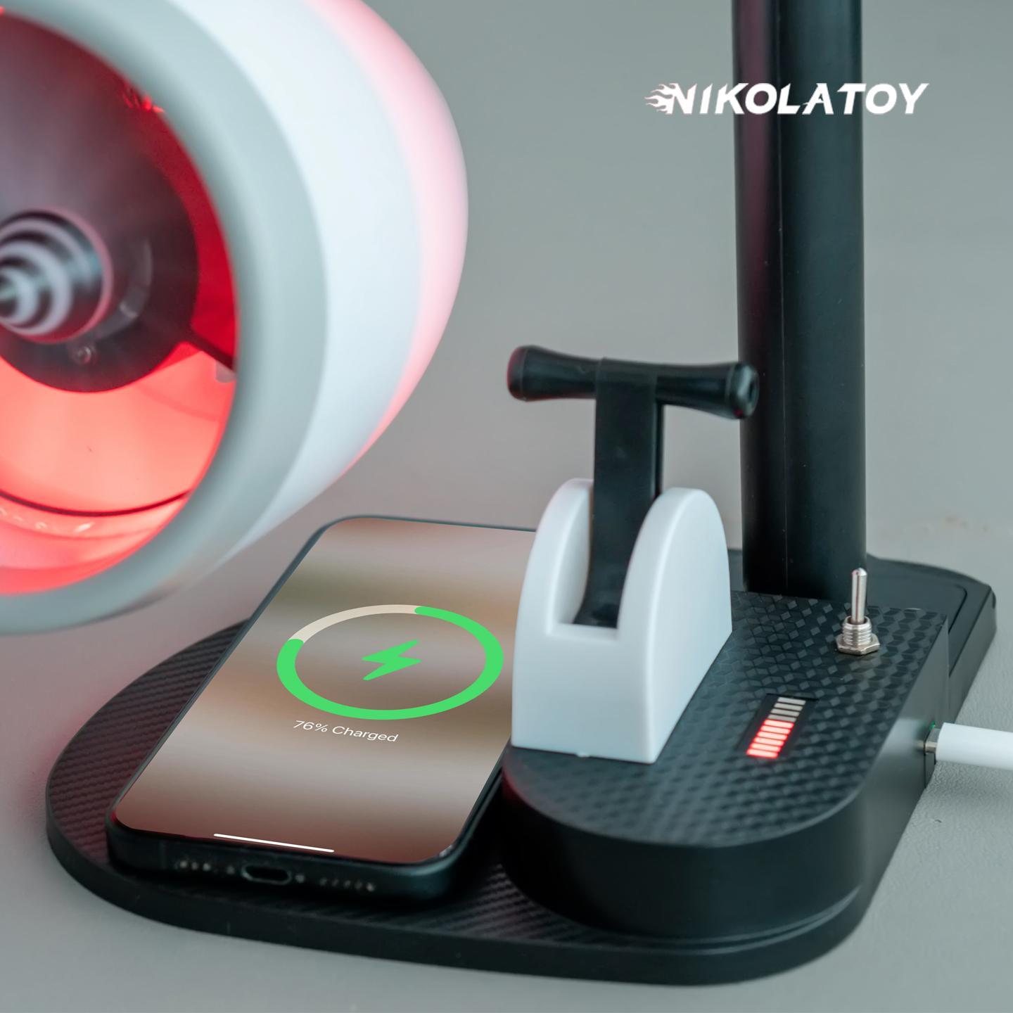 NIKOLATOY Jet Engine Fan Model Desk Gadget with Wireless Charger, Turbofan Engine Model Display with Rotating LED Blades, Creative Desktop Jet Fan Office Decor Engineering Gift for Men