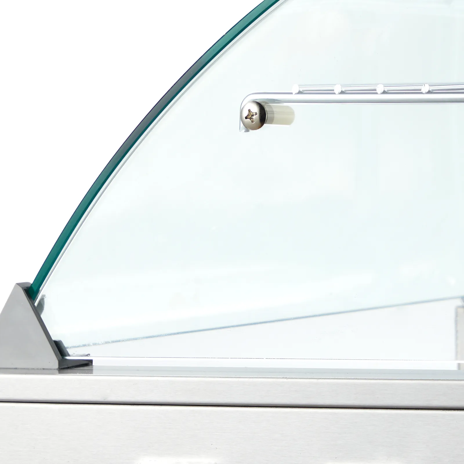 curved glass shield on the VEVOR hot dog roller with stainless steel frame for food protection.