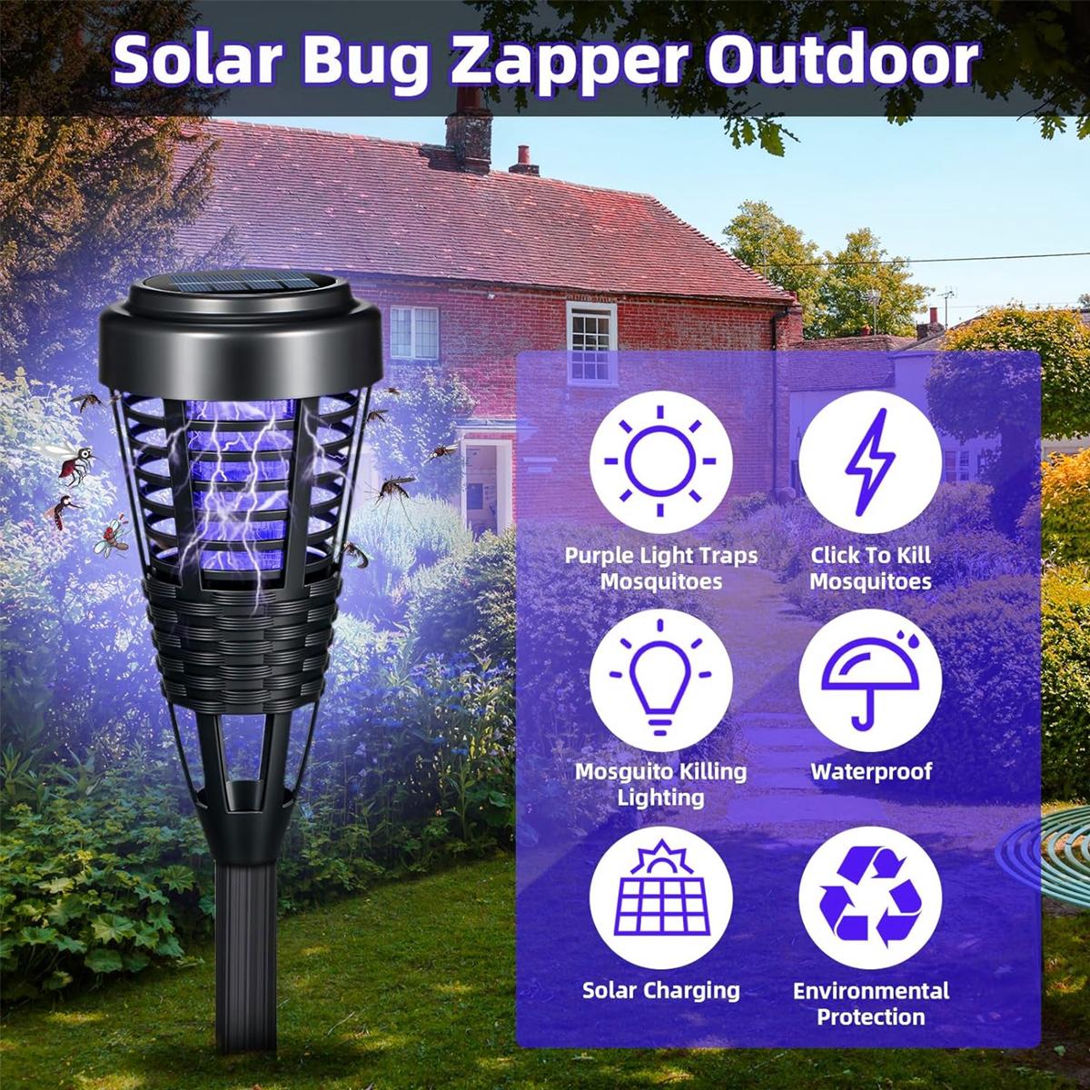2PCS Solar Bug Zapper Outdoor, Waterproof Mosquito Killer Lamp,Rattan Style Decorative Design, LED Garden Stake Light with Purple Zapping, Auto On/Off, Mosquito Trap to Repel Gnat Small Flying Insect, for Patio, Yard, Lawn, Garden, Porch and Camping