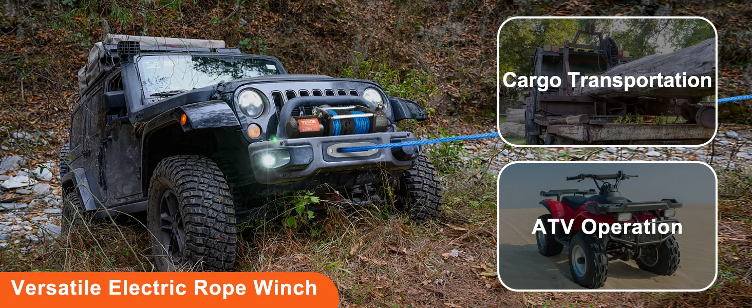 VEVOR electric winch on an off-road vehicle, showcasing cargo transport and atv operation capabilities.