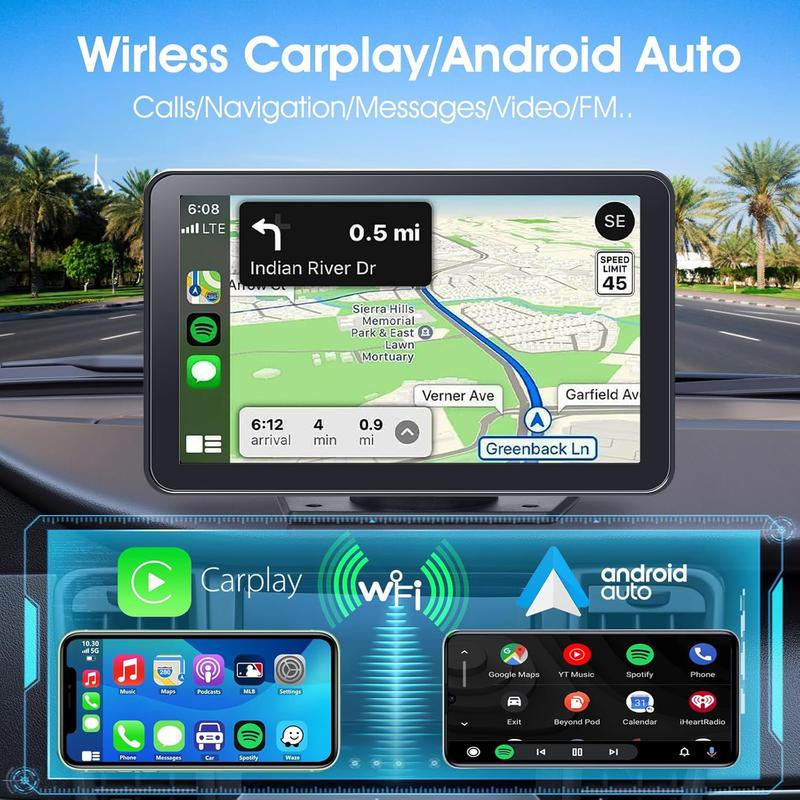 PASLDA 7" Portable Wireless Carplay Screen for Car | Plug & Play Android Auto Car Stereo with Waterproof Backup Camera