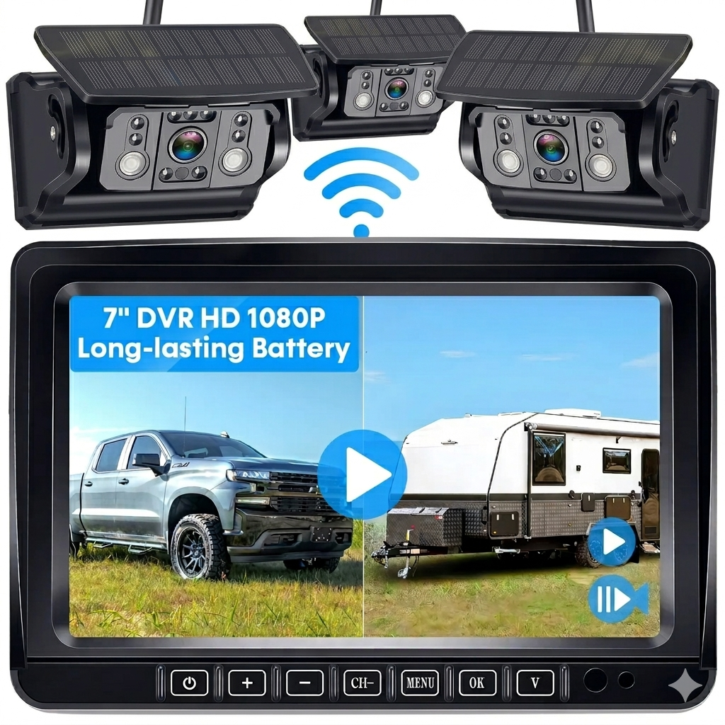 Dual RV Wireless Backup Camera for Trailer,Solar RV Rear View Camera with 7-inch Recording Monitor