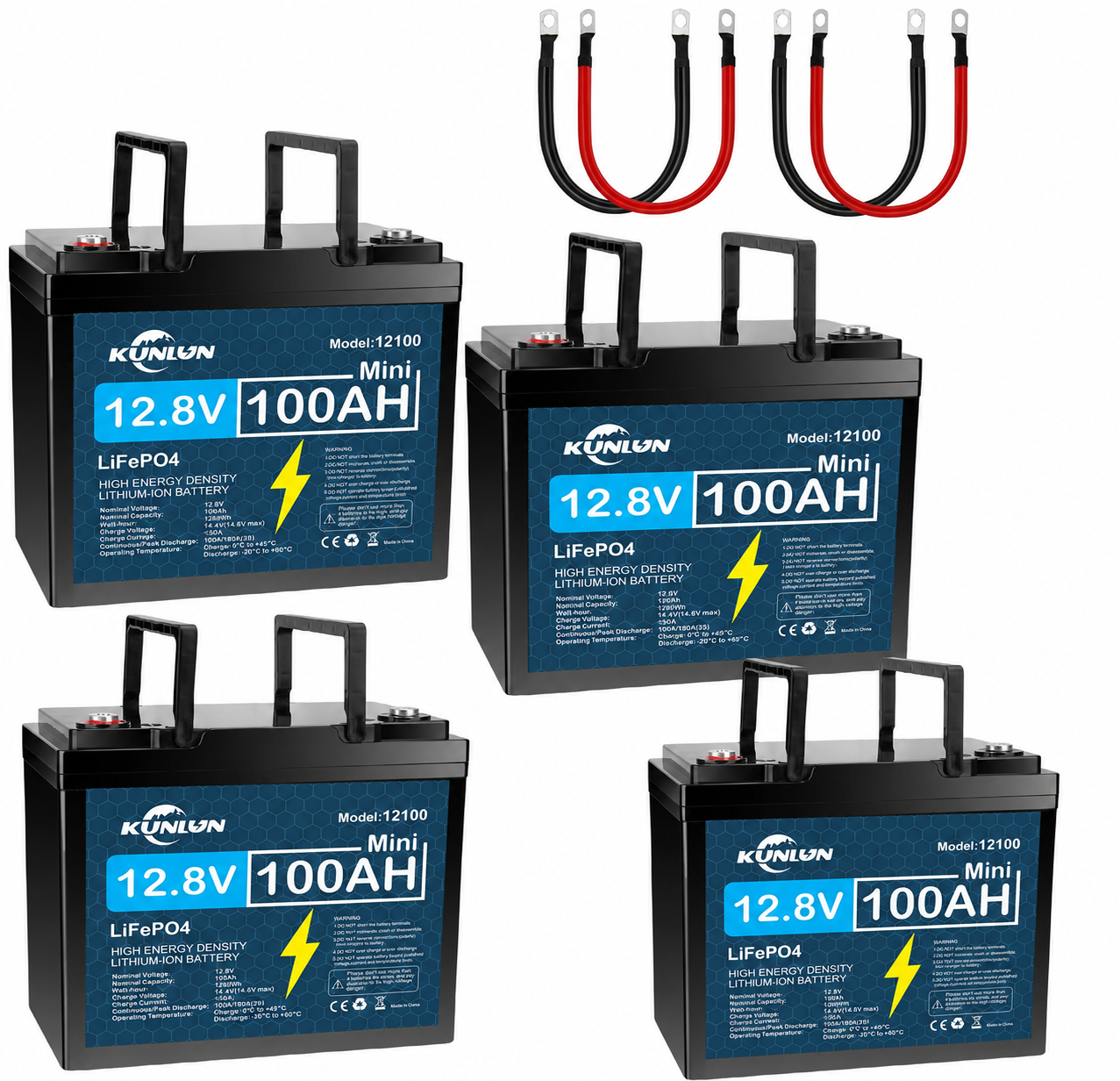 KUNLUN 12V 100Ah LiFePO4 High Capacity Battery Model 12100 - 100A Smart BMS, 5000+ Cycles, 1280Wh Energy, Maintenance-Free Rechargeable Off Grid Supplies for RV, Outdoor Emergency Use & Portable Power Station Accessory