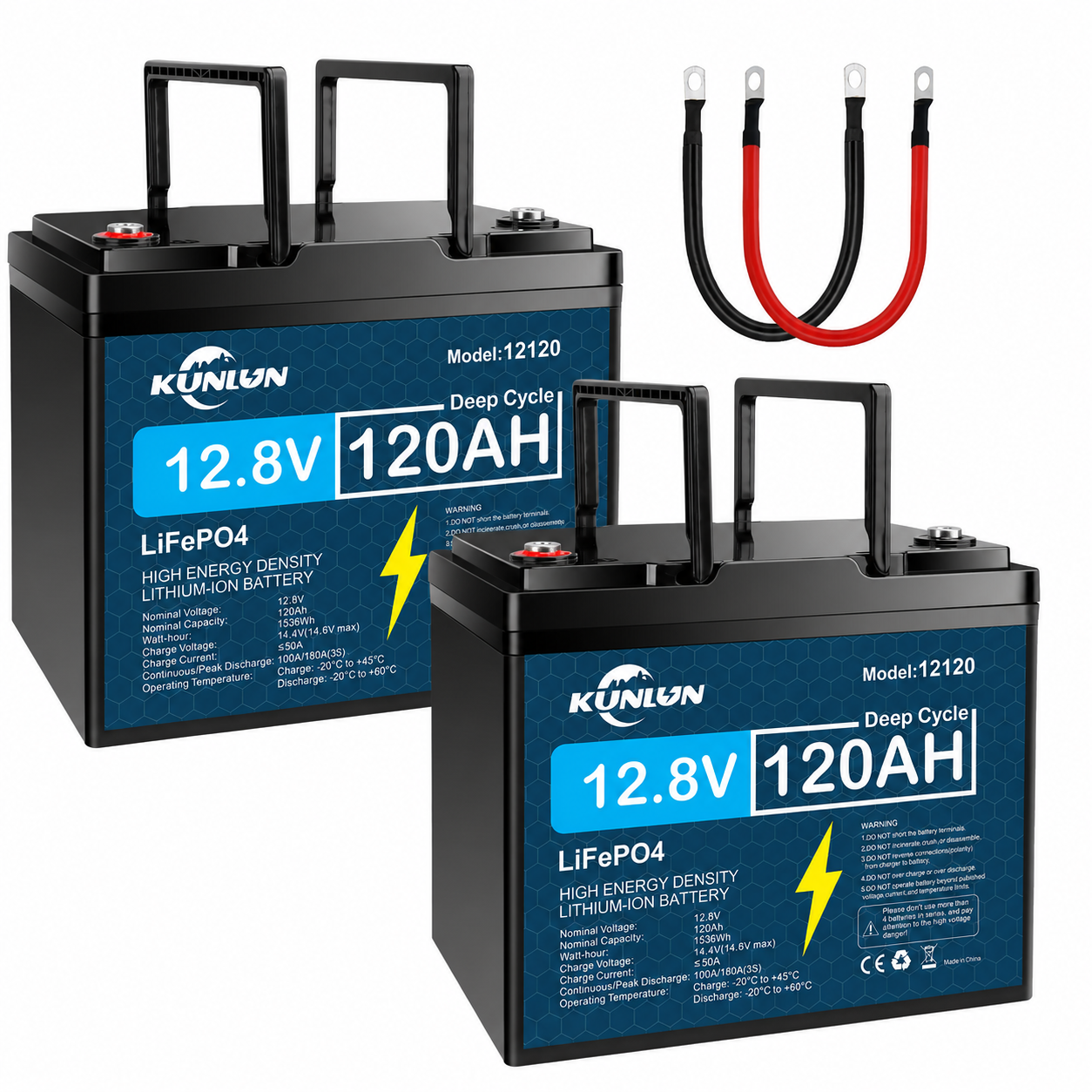KUNLUN 12V 100Ah LiFePO4 High Capacity Battery Model 12100 - 100A Smart BMS, 5000+ Cycles, 1280Wh Energy, Maintenance-Free Rechargeable Off Grid Supplies for RV, Outdoor Emergency Use & Portable Power Station Accessory
