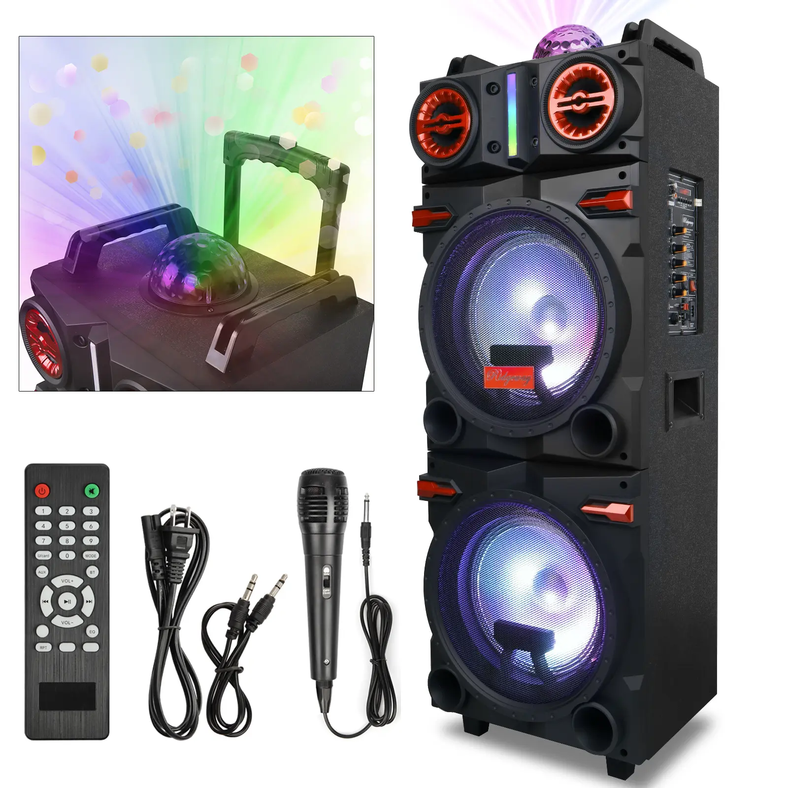 Portable Bluetooth PA Speaker KaraokeMachine 2 x 10" Subwoofer And 1 x 3" TweeterLoud Party Speaker With Microphone FM LEDRemote Control TWS