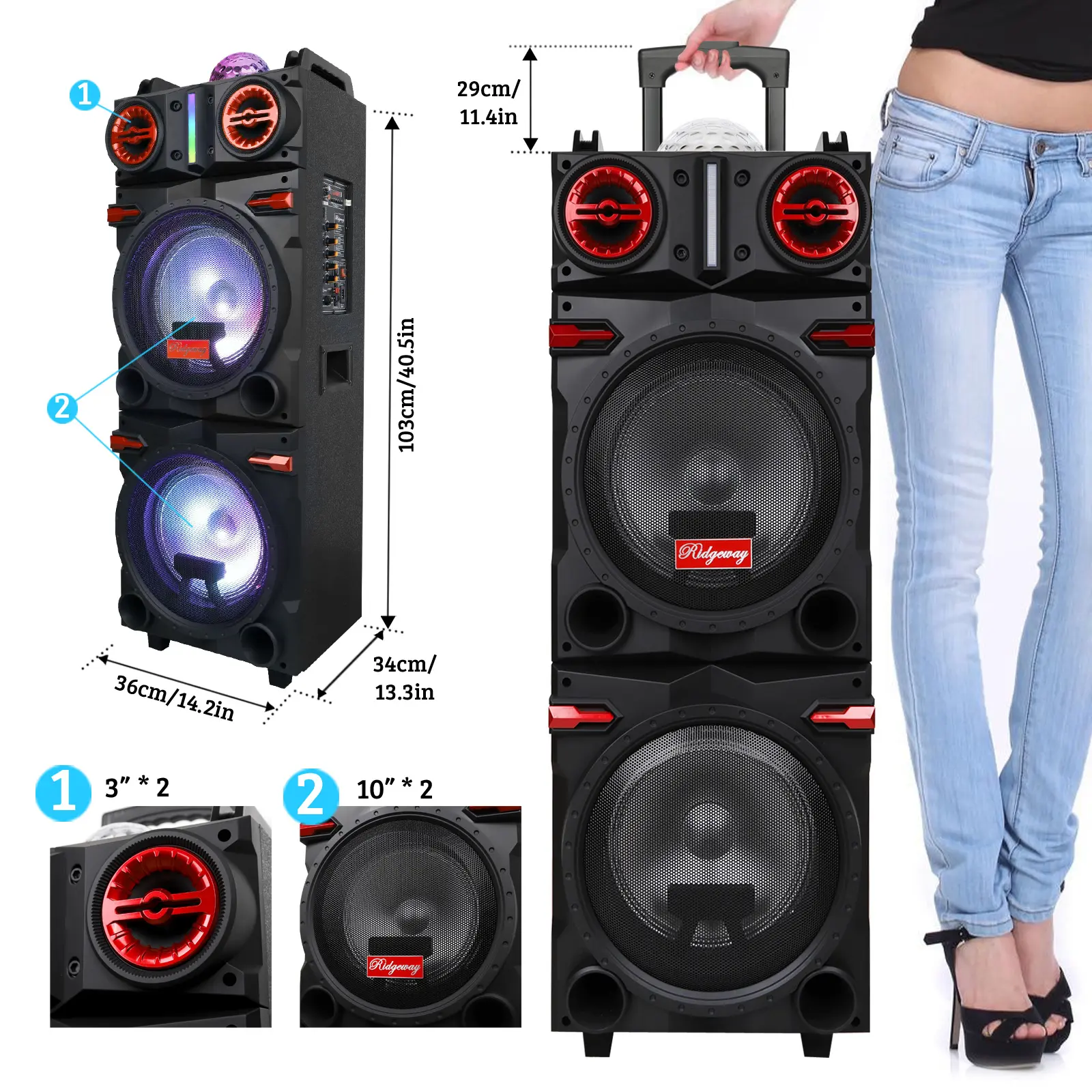 Portable Bluetooth PA Speaker KaraokeMachine 2 x 10" Subwoofer And 1 x 3" TweeterLoud Party Speaker With Microphone FM LEDRemote Control TWS
