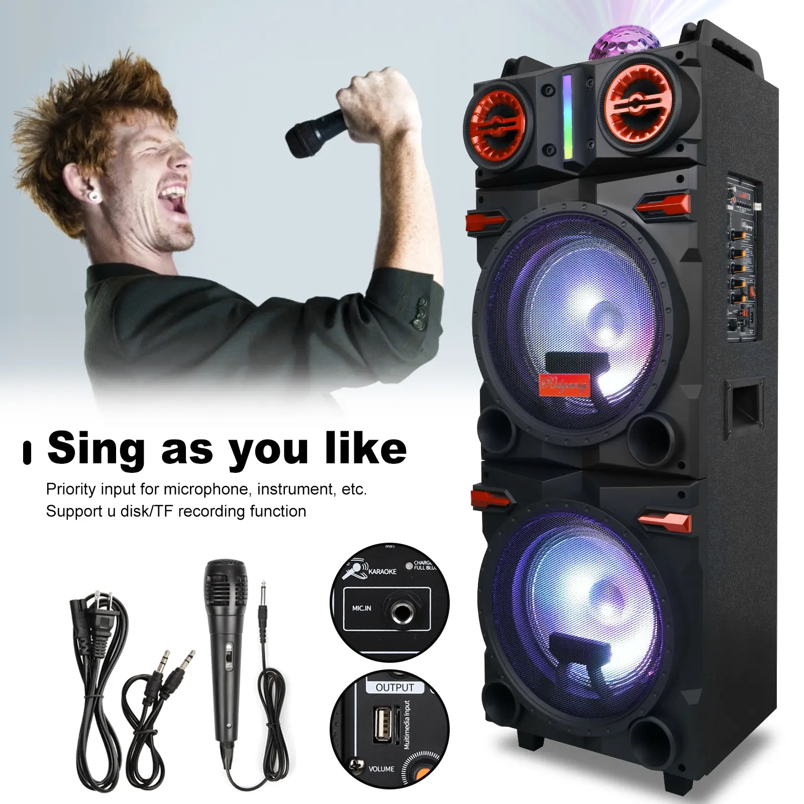 Portable Bluetooth PA Speaker KaraokeMachine 2 x 10" Subwoofer And 1 x 3" TweeterLoud Party Speaker With Microphone FM LEDRemote Control TWS