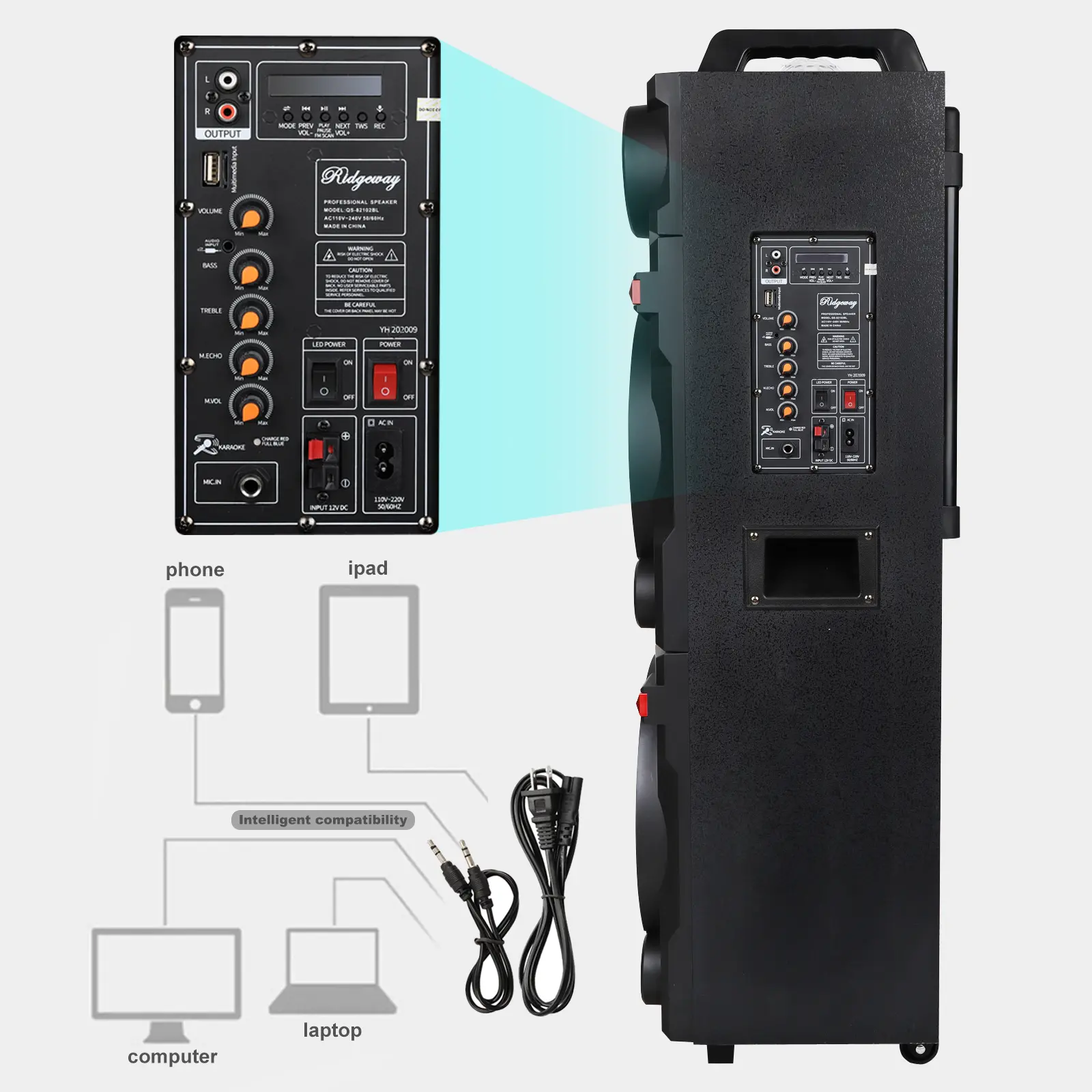 Portable Bluetooth PA Speaker KaraokeMachine 2 x 10" Subwoofer And 1 x 3" TweeterLoud Party Speaker With Microphone FM LEDRemote Control TWS