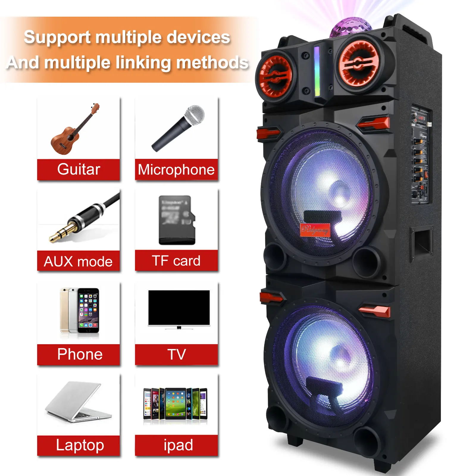 Portable Bluetooth PA Speaker KaraokeMachine 2 x 10" Subwoofer And 1 x 3" TweeterLoud Party Speaker With Microphone FM LEDRemote Control TWS