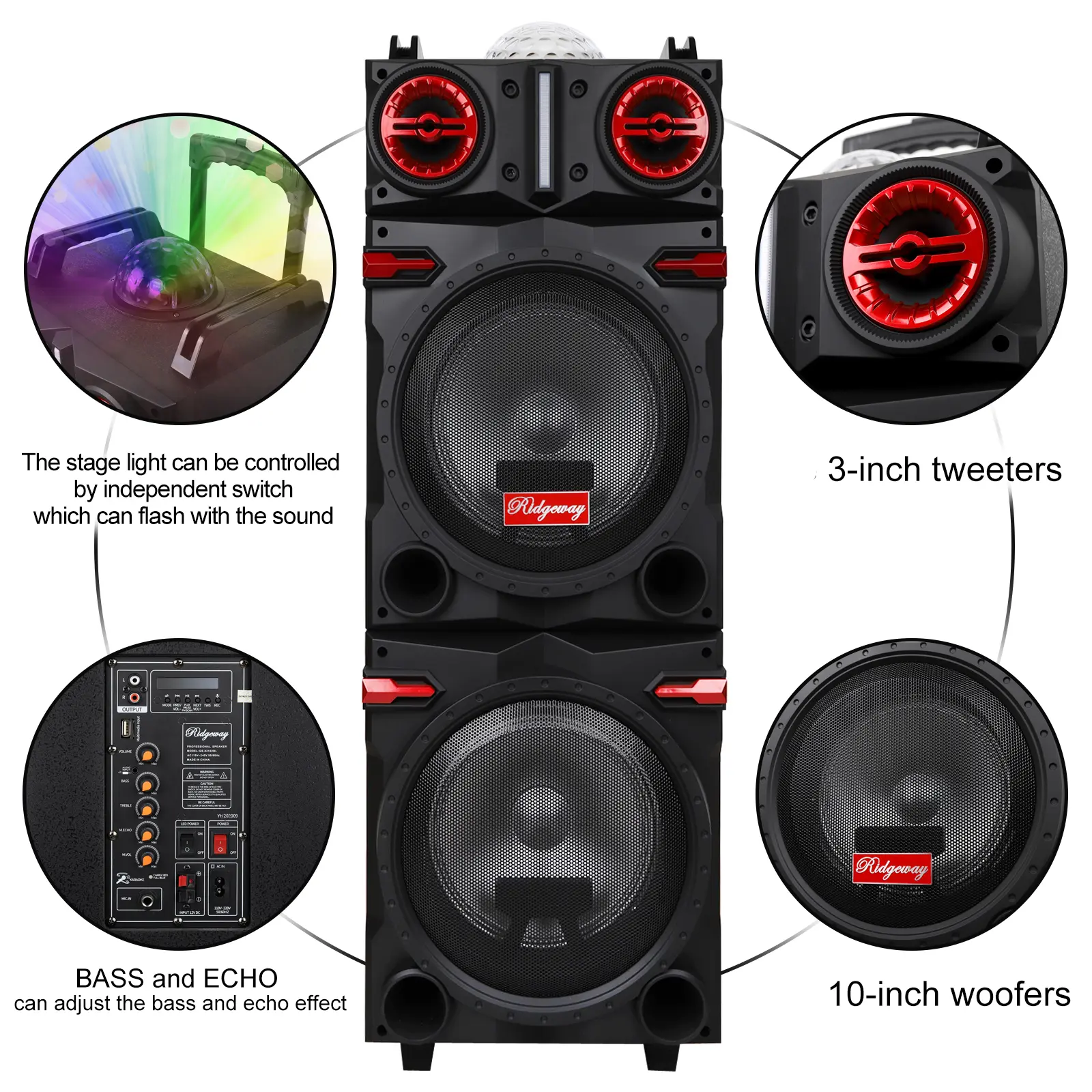 Portable Bluetooth PA Speaker KaraokeMachine 2 x 10" Subwoofer And 1 x 3" TweeterLoud Party Speaker With Microphone FM LEDRemote Control TWS