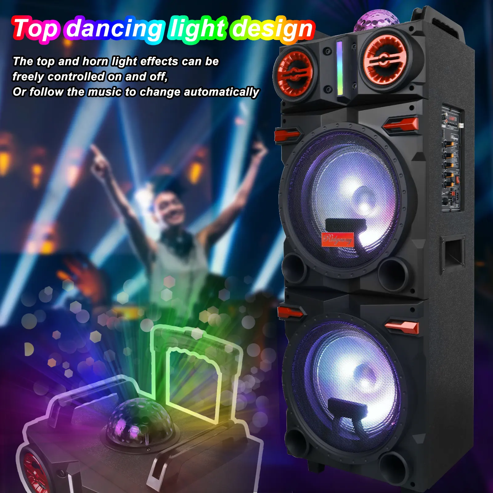 Portable Bluetooth PA Speaker KaraokeMachine 2 x 10" Subwoofer And 1 x 3" TweeterLoud Party Speaker With Microphone FM LEDRemote Control TWS