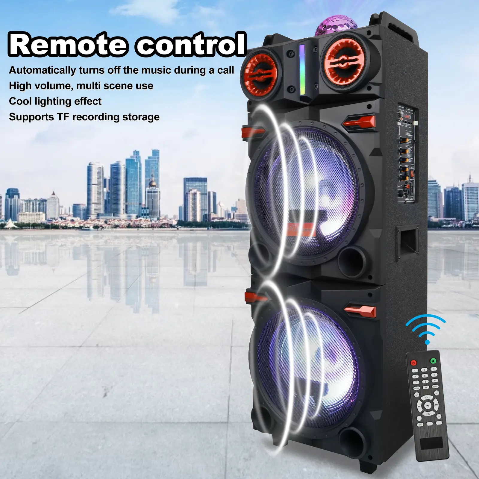 Portable Bluetooth PA Speaker KaraokeMachine 2 x 10" Subwoofer And 1 x 3" TweeterLoud Party Speaker With Microphone FM LEDRemote Control TWS