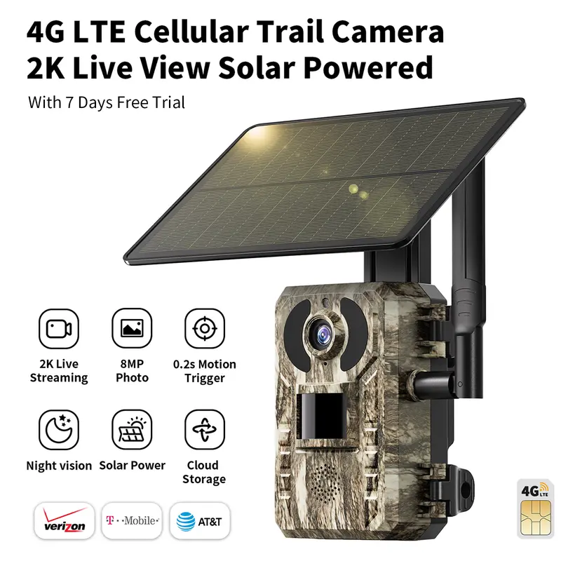 4G LTE Solar Game Camera – 2K Live Video, No Power Cord Required,Remote APPControlled, WaterProof, Motion Activated, NightVision, 4G Data Cellular Card Included 