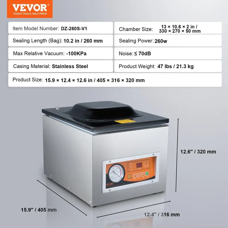 VEVOR Chamber Vacuum Sealer, Sealing Power, Vacuum Packing Machine for Wet Foods, Meats, Marinades and More, Applied in Home Kitchen and Commercial Use